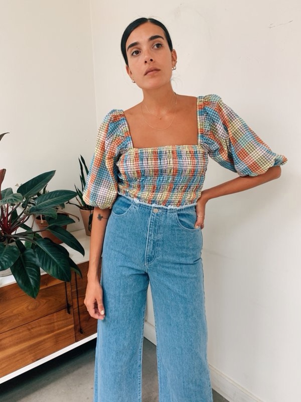 Ganni seersucker check smocked top size EU36 multicolored
